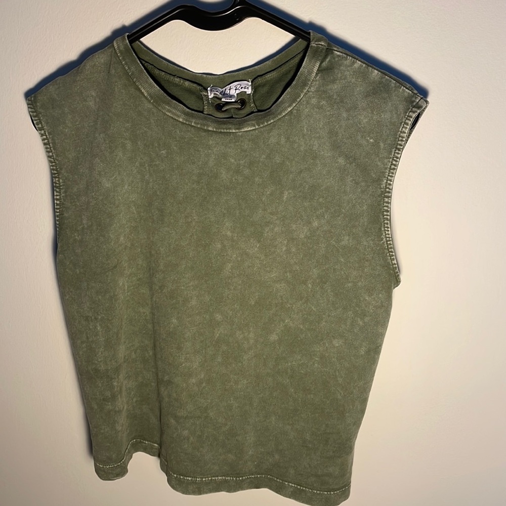 Rabbit Rose women’s size small crop length green tank, ties down the back
